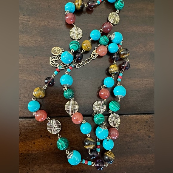 Graziano Multi Colored Gemstone Beaded Long Necklace with Gold Tones - Picture 2 of 7